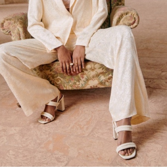 Sezane High Arielle Sandals Ecru Ivory Leather Brass Buckle Heels - Picture 8 of 8